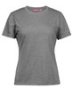 A grey ladies' t-shirt featuring short sleeves and a classic crew neck design, with a logo at the neckline.