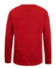 A red long-sleeved T-shirt featuring a plain back and a logo on the upper section.