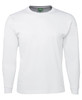 A white long-sleeve t-shirt with a round neckline and a label inside showing branding.
