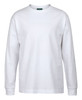 A white long-sleeved T-shirt featuring a logo on the collar. Suitable for casual wear.