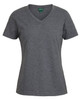 A black ladies V-neck tee with short sleeves and a relaxed fit. It features a logo on the label.