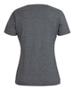A grey ladies' V-neck tee with short sleeves and a fitted silhouette. Features a logo on the back.