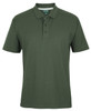 A green polo shirt featuring a collar and button placket, with a logo on the front.