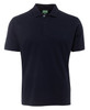 A black polo shirt with a collar and three buttons, featuring a logo on the tag.