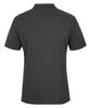 A dark grey polo shirt with a classic collar and short sleeves, featuring a logo on one side.