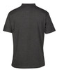 A dark grey polo shirt with a classic collar and short sleeves, featuring a logo on the back.