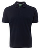 A navy blue polo shirt with a collar, featuring three buttons and a branding label.