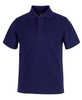 A navy blue short-sleeved polo shirt featuring a three-button placket and a collar. It has a logo on the chest.
