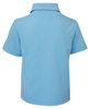A light blue short-sleeved polo shirt with a collar and a logo. The back view is displayed.