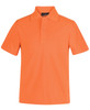 An orange short-sleeved polo shirt with a collared neckline and a logo.