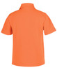 A short-sleeved polo shirt in bright orange, featuring a classic collar and a logo on the back.