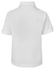 A white children's polo shirt with a collar and short sleeves, featuring a logo on the back.