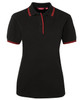 A black polo shirt with red contrast stripes on the collar and sleeves, featuring a logo.
