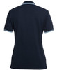 A navy blue ladies' polo shirt with contrast stripes on the collar and sleeves. It features a logo on the front.