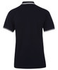 A black polo shirt with contrasting white stripes on the collar and sleeves. It features a logo.