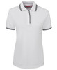 A white ladies' polo shirt with black contrast stripes on the collar and sleeves. It features a logo on the chest.