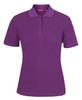 A purple women's polo shirt with a collared neck and short sleeves, featuring a logo.