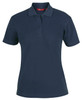 A navy blue ladies polo shirt with a collar and three buttons, featuring a logo on the chest.