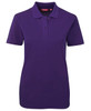 A purple polo shirt featuring a collar, short sleeves, and a logo on the chest area.