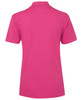 A pink polo shirt with a collar and short sleeves, featuring a branding logo on the back.