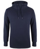 A navy blue hoodie featuring a drawstring hood and long sleeves, with a logo displayed on the garment.