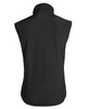 A black softshell vest with a high collar and no sleeves, featuring a stylish design and a logo.