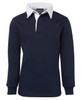 A navy polo shirt with a white collar and long sleeves, featuring a logo on the chest.