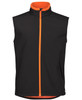 A black three-layer softshell vest with orange accents and a zip closure, featuring side pockets and a high collar.