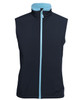 A navy three-layer softshell vest with a light blue collar and zip. Features a branded logo.