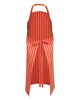 A red and white striped apron with an adjustable neck strap and waist ties, featuring a logo.