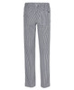 Elasticated chefs pants in a black and white check pattern, featuring a back pocket and an elastic waistband.