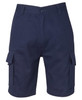 Navy cargo shorts featuring side pockets and a button closure. Includes branding details.