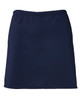 A navy skort with an elastic waistband and a simple design, featuring a logo.