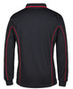 A black long-sleeve polo shirt with red piping and a logo on the back.