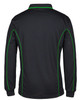 A black long-sleeve polo shirt featuring green piping along the seams and a logo on the front.