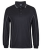 A long-sleeve black polo shirt with contrasting piping and a logo on the collar.