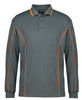 A long-sleeve polo shirt in grey with contrasting orange piping and a collar. Features a logo on the chest.
