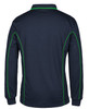 A navy blue long-sleeve polo shirt with green piping accents and a logo on the chest.