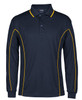 A navy long-sleeve polo shirt featuring yellow piping and a logo on the collar.