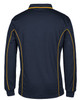 A navy long-sleeved polo shirt with contrasting yellow piping details and a logo.