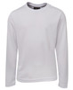 A long-sleeve white T-shirt featuring a textured fabric and a logo on the collar.