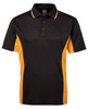 A black polo shirt with orange side panels, featuring a collar and a three-button placket. It has a logo.
