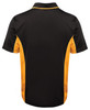 A black and gold polo shirt featuring a stylish design and a logo on the back.