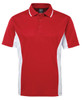 A red polo shirt with white side panels and a collar, featuring a logo on the chest.