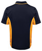 A polo shirt in navy blue with yellow side panels and a logo on the chest. Back view shown.