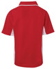 A red polo shirt with white side detailing and a collar, featuring a logo on the back.