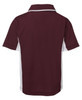 A maroon polo shirt with white accents and a collar, featuring a logo on the front.