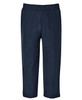 Navy track pants with an elasticated waistband, featuring side pockets and a simple logo.
