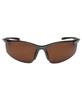 A pair of polarised sunglasses featuring dark brown lenses and a black patterned frame, accompanied by a logo.