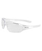 A pair of clear safety glasses with a lightweight design and logo branding.